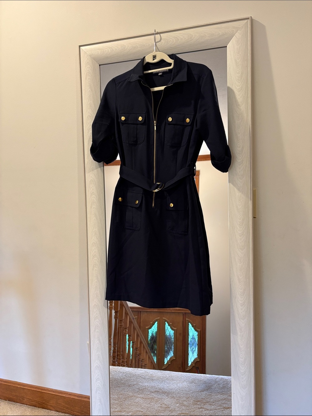 Women’s Navy Belted Zip-Front Shirt Dress Coat